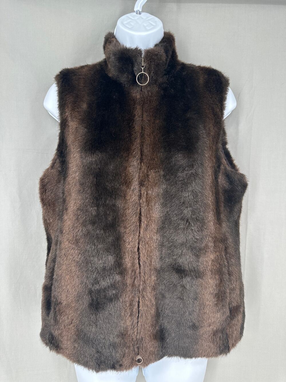 Y2K Vintage Faux Fur Vest Womens Medium Brown Pockets Zip